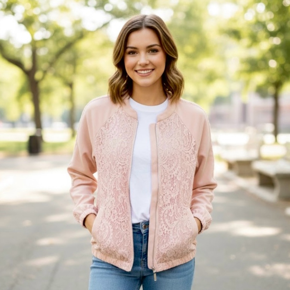 🚨3X$30🚨 Blush Pink/Cream Bomber Jacket with Textured Lace Fabric
